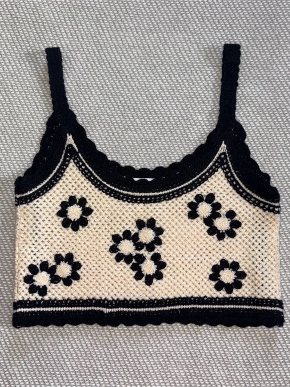 Le Lis Cropped Black Cream Floral Crochet Summer Tank Top Sz S